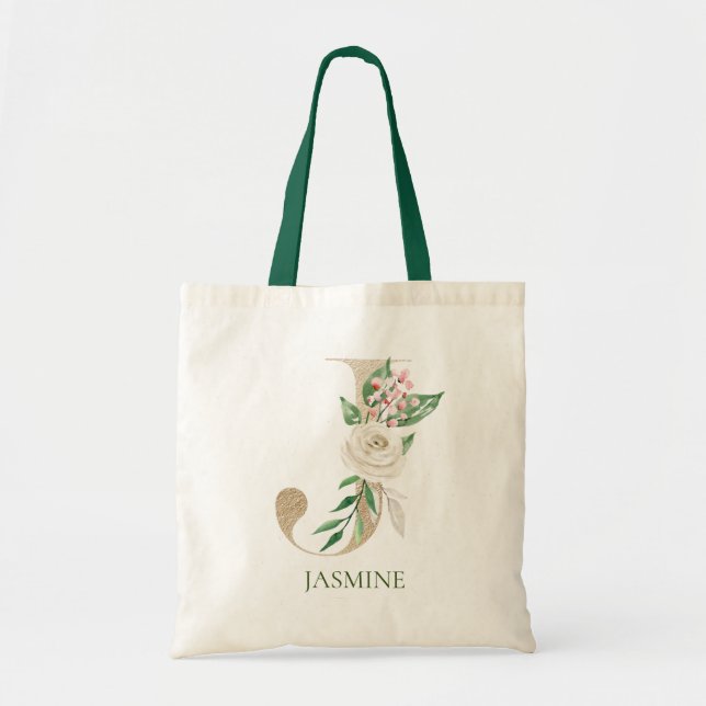 Letra acuarela floral rosa J Monograma bolsa de to (Frente)