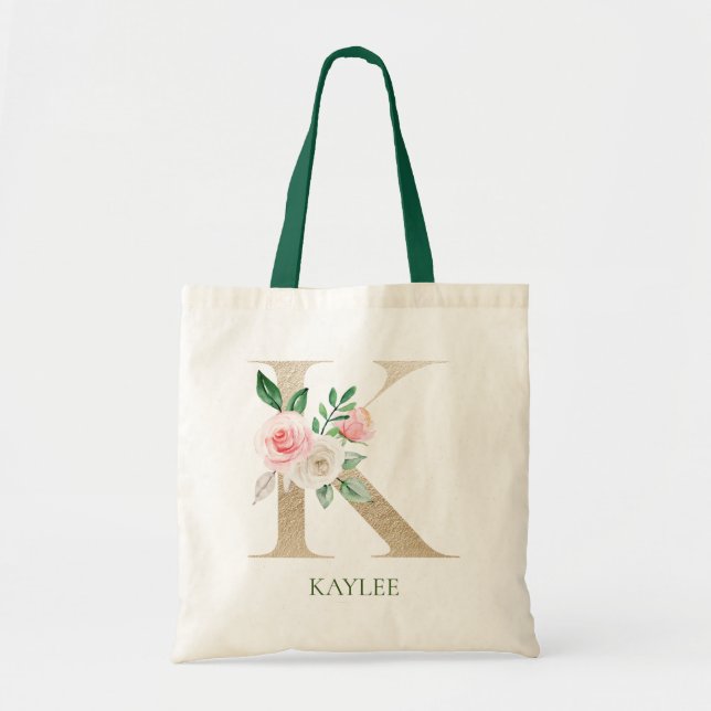 Letra acuarela floral rosa K monograma bolsa de to (Frente)