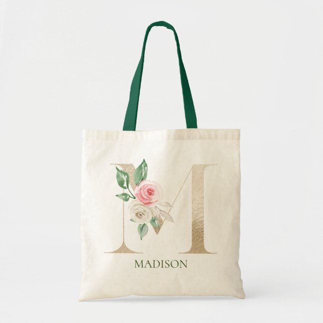 Letra acuarela floral rosa M Monograma bolsa de to (Frente)