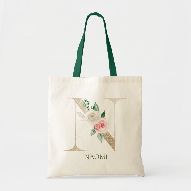 Letra acuarela floral rosa N Monograma bolsa de to (Frente)