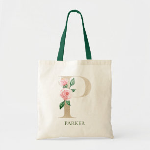 Letra acuarela floral rosa P Monograma bolsa de to