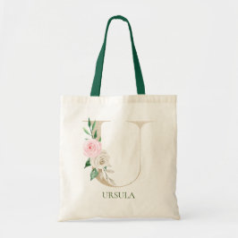 Letra acuarela floral rosa U Monograma bolsa de to