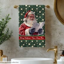 Letra clásica de Santa Claus leyendo toalla verde