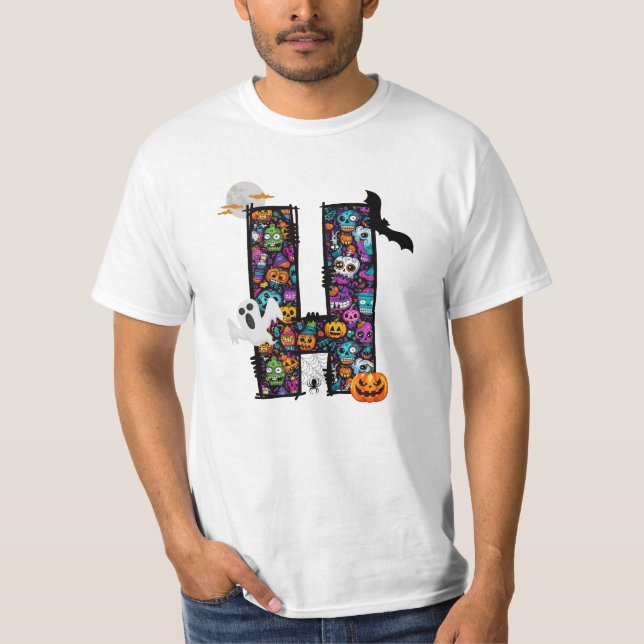 Letra de doodle de Halloween camiseta H (Anverso)