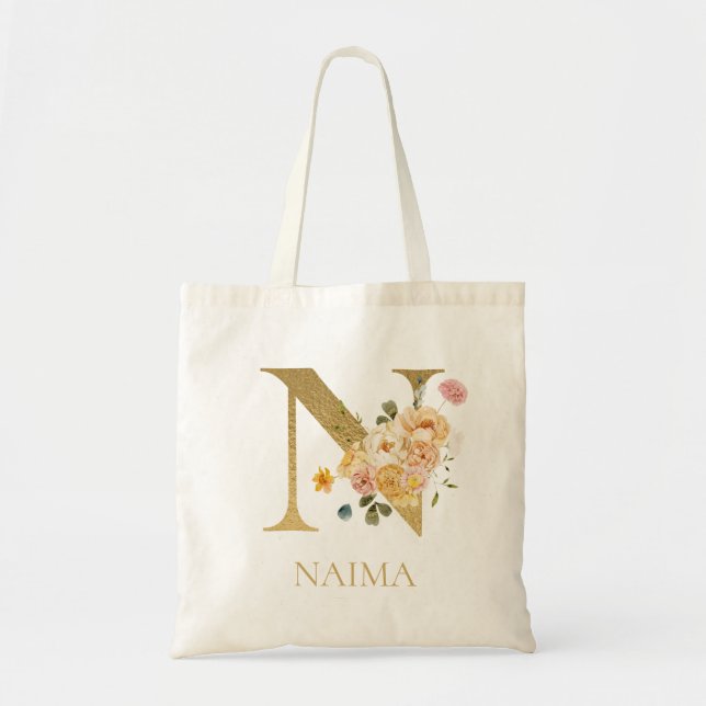Letra dorada N Monograma acuarela floral bolsa de  (Frente)