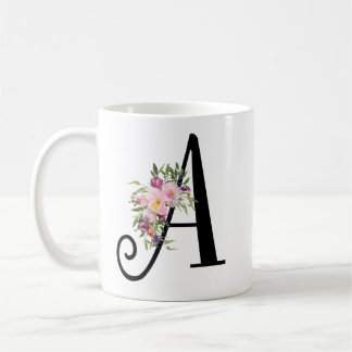 Letra floral A, taza de la acuarela del arte del