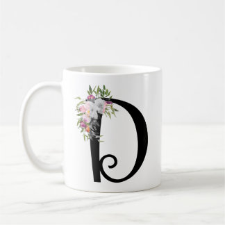 Letra floral D, taza de la acuarela del arte del