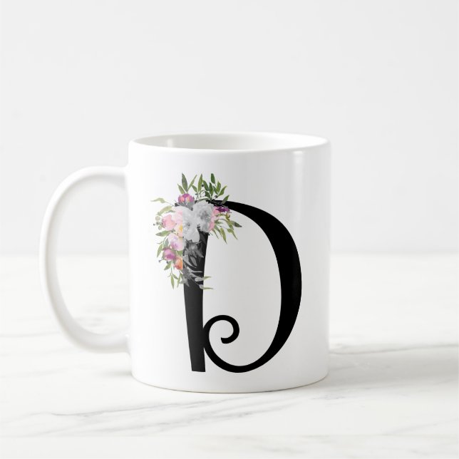 Letra floral D, taza de la acuarela del arte del (Izquierda)