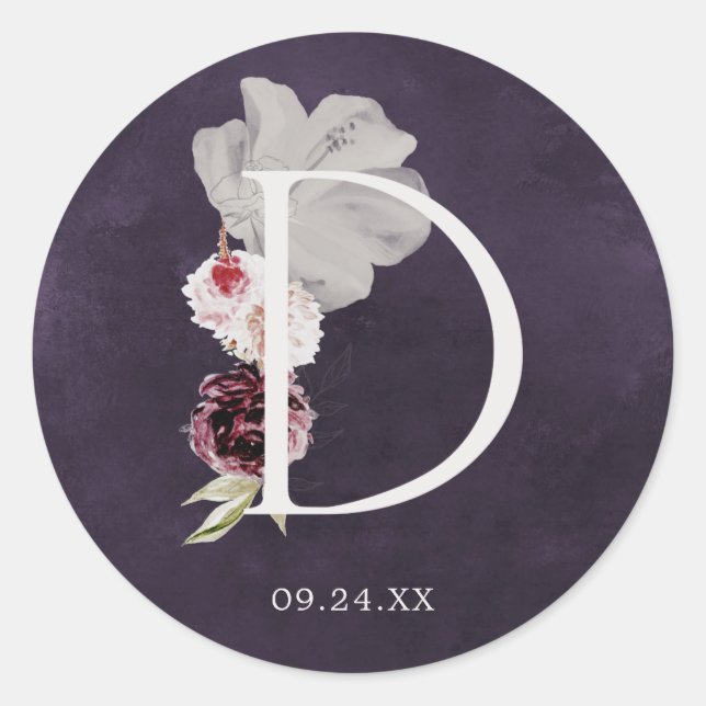 Letra floral romántica D sello Boda de ciruela mon (Anverso)