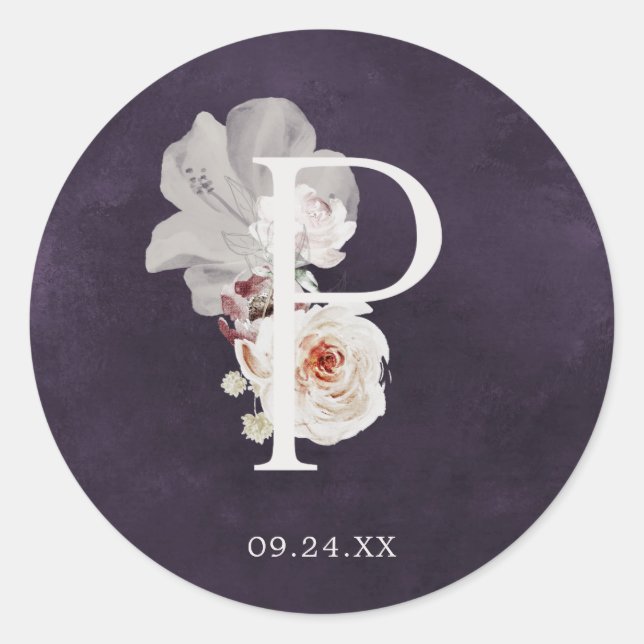 Letra floral romántica P sello Boda de ciruela mon (Anverso)