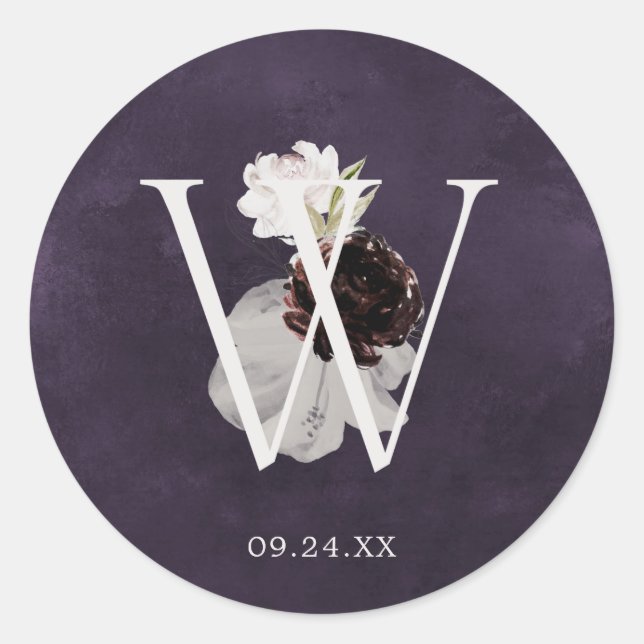 Letra floral romántica W sello Boda de ciruela mon (Anverso)