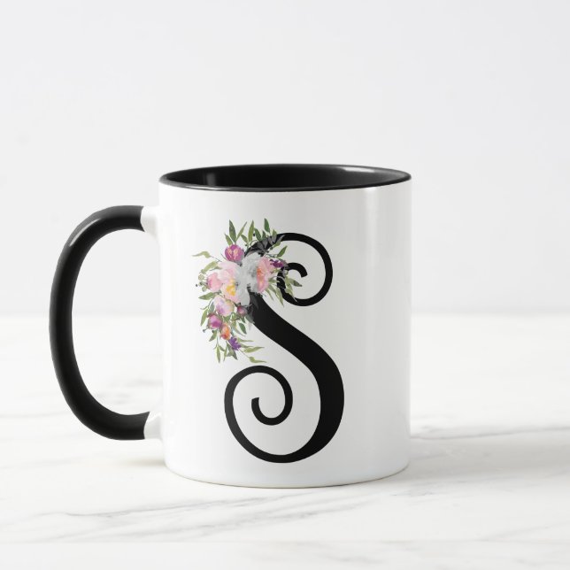 Letra floral S, taza de la acuarela del arte del (Izquierda)