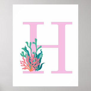 Letra Inicial H Monograma Rosa Verde Coral Póster