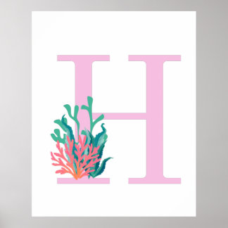 Letra Inicial H Monograma Rosa Verde Coral Póster