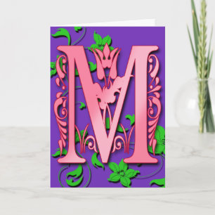 Letra M monograma inicial en tarjetas moradas rosa