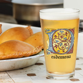 Letra medieval azul y marfil rojo e ilustrada D gu