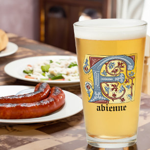 Letra medieval azul y marfil rojo iluminada F