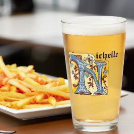 Letra medieval azul y marfil rojo iluminada N