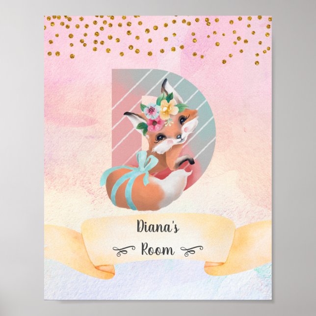 Letra monograma D Chica Fox bebé Decoración de gua (Frente)