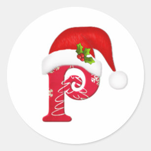 Letra monograma P, pegatina navideña Santa hat