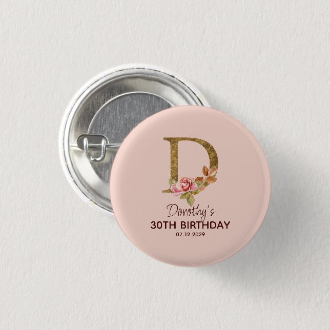 Letra personalizada D Rosa Blush Dorada Botón de R (Anverso y reverso)