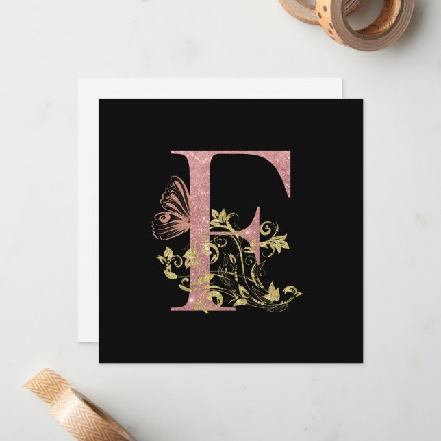 Letra rosa Purpurina floral F Tarjeta cuadrada pla (Anverso/Reverso In Situ)