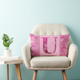 Letra rosada floral alfabética "U" almohada lumbar
