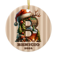 Letra rústica boscosa B con decoración navideña