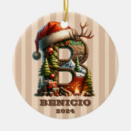 Letra rústica boscosa B con decoración navideña