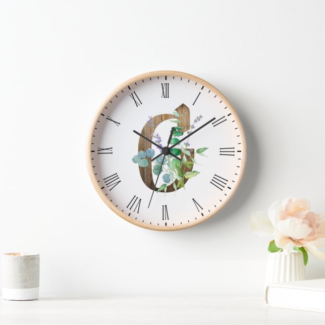 Letra rústica G reloj de marco de madera (Hogar)