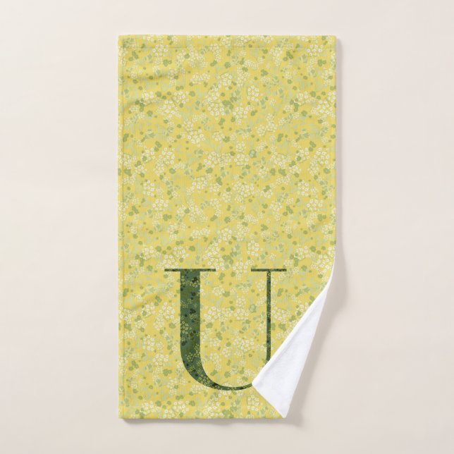 Letra U toalla de baño verde oscuro y amarillo par (Toalla de mano)