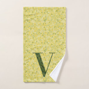 Letra V toalla de baño verde oscuro y amarillo par