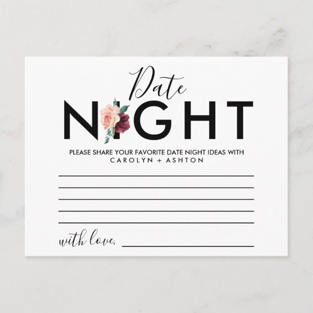 Letras de flor | Tarjetas de Ideas Maroon Date Nig (Anverso)