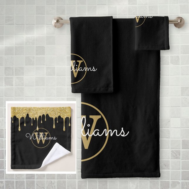 Letras de Monograma con Drips de Purpurina Dorada (Gold Glitter Drips Monogram Script Name Bath Towel Set)