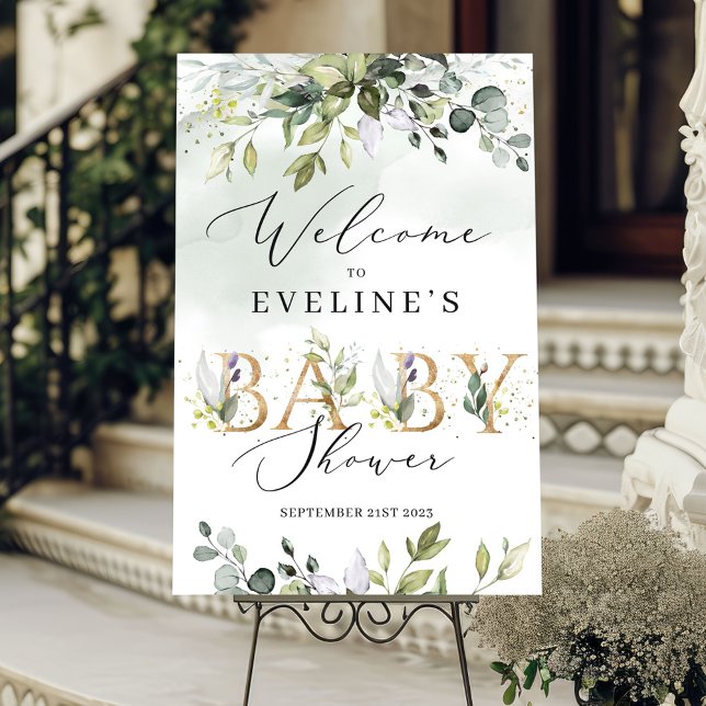 Letras doradas verde señal de bienvenida para bebé (Gold letters greenery baby shower welcome sign)