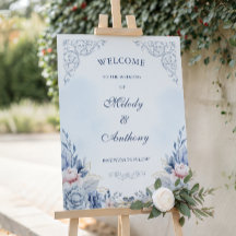 Letrero de Bienvenida de Boda con Flores Azules Po
