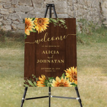Letrero de bienvenida de boda de madera de girasol
