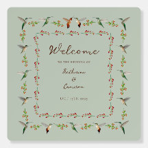 Letrero de bienvenida para boda de colibrí