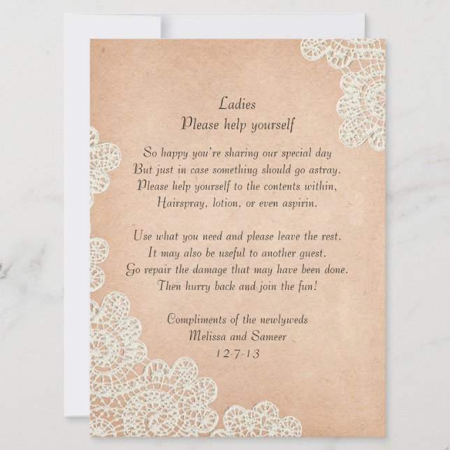 Letrero de cesta de boda de papel antiguo y encaje (Anverso)