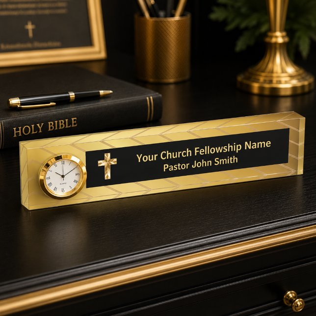 Letrero de escritorio para pastor de iglesia elega (This product is created with a gold simulated effect, no foil is in the cross or gold background.)