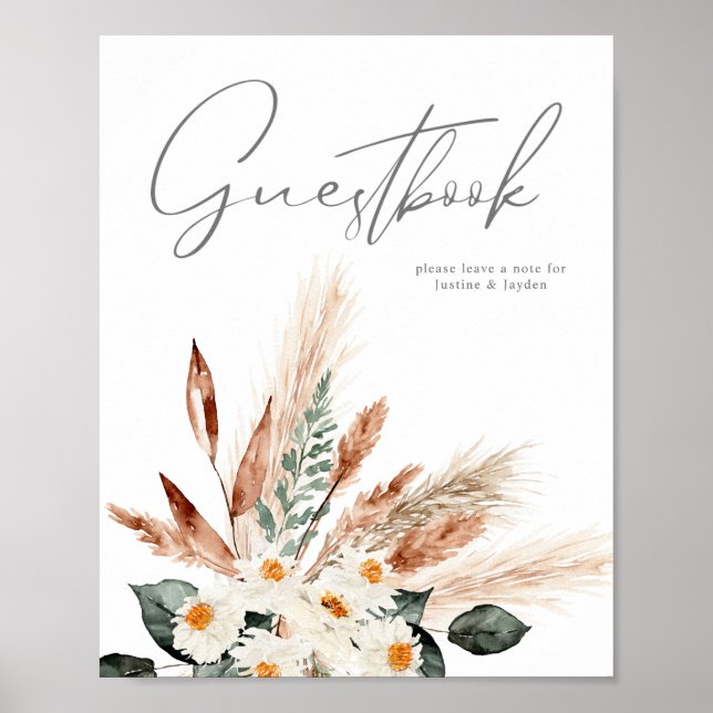 Letrero de libro de visitas floral beige pampas co (Frente)