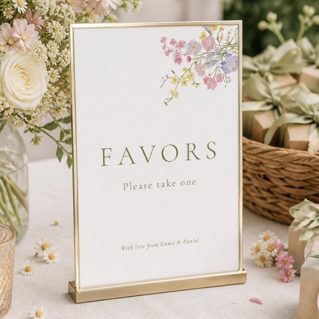Letrero de Mesa de Bodas Favoritos de Flores Silve (Wildflowers Favors Wedding Tabletop Sign)