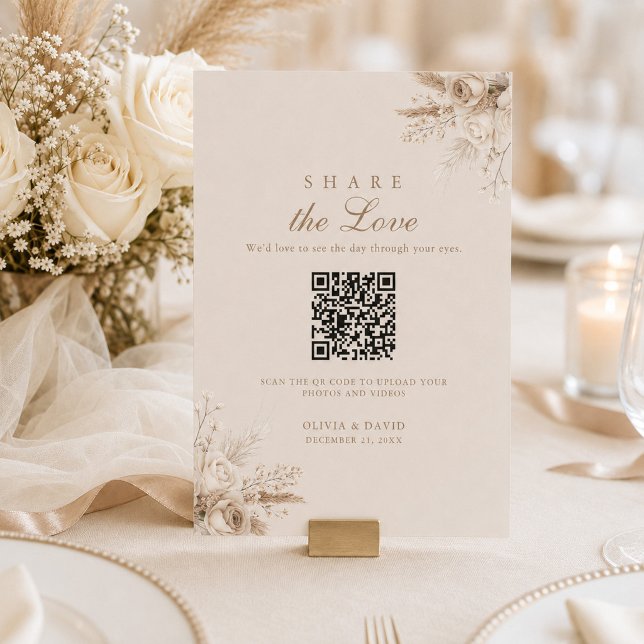 Letrero de Mesa para Compartir Fotos de Boda con C (Ivory Roses QR Wedding Photo Sharing Table Sign)