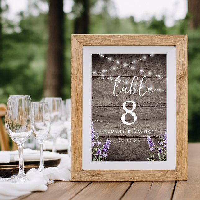 Letrero de Número de Mesa Bodas Luces de Lavanda R (Rustic Lavender Lights Wedding Table Number)