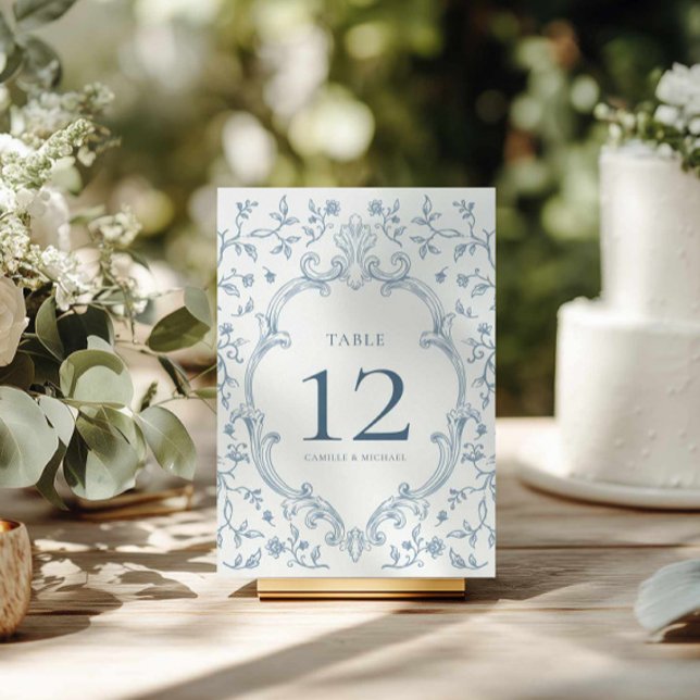 Letrero de número de mesa de boda con cresta azul (Elegant Blue Crest Wedding Table Number)