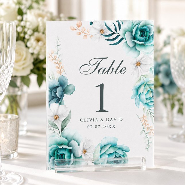 Letrero de número de mesa de boda con flor silvest (Teal Wildflower Wedding Table Number Sign)