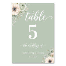 Letrero de Número de Mesa de Boda Floral Verde Sal