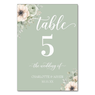 Letrero de Número de Mesa de Boda Floral Verde Sal
