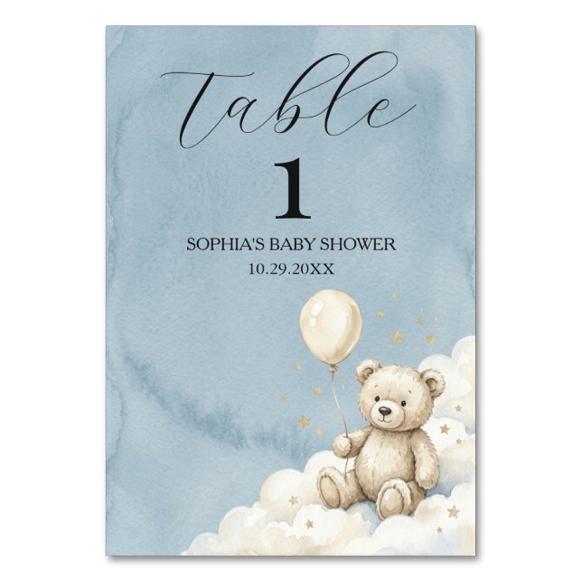 Letrero de número de mesa para baby shower de oso  (Anverso)