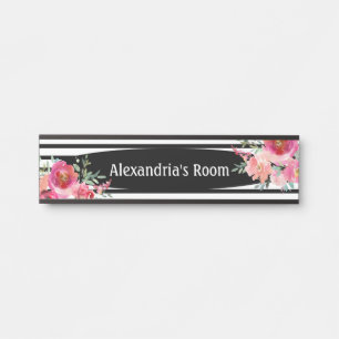 Letrero de puerta para niña de flores negras y bla